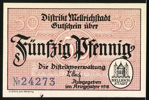 Notgeld Mellrichstadt 1918, 50 Pfennig, Strassenpartie