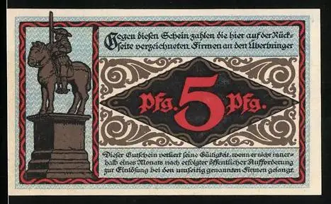 Notgeld Neuhaldensleben 1919, 5 Pfennig, Reiterstatue