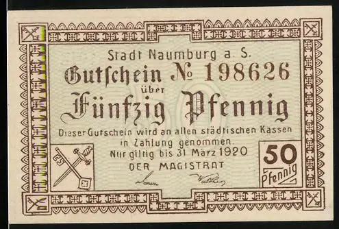 Notgeld Naumburg a. d. Saale 1917, 50 Pfennig, Dolch und Schlüssel gekreuzt