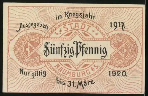 Notgeld Naumburg a. d. Saale 1917, 50 Pfennig, Dolch und Schlüssel gekreuzt