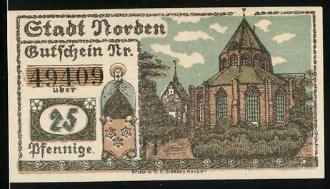 Notgeld Norden 1920, 25 Pfennig, Blick auf die Kirche