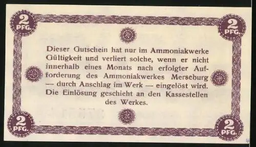 Notgeld Merseburg, 2 Pfennig, Einlösbar im Ammoniakwerk der BASF
