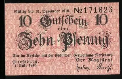 Notgeld Merseburg 1918, 10 Pfennig, Stadtwappen