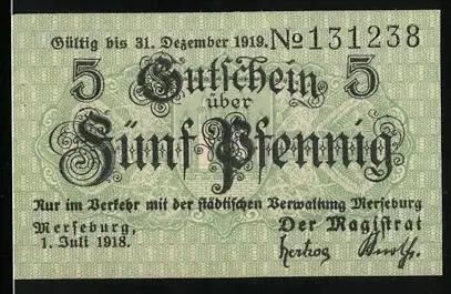 Notgeld Merseburg 1918, 5 Pfennig, Stadtwappen