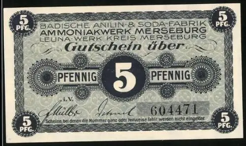 Notgeld Merseburg, 5 Pfennig, Einlösbar im Ammoniakwerk der BASF