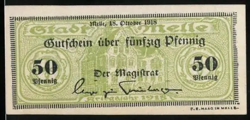 Notgeld Melle 1918, 50 Pfennig, Rathaus und Stadtsiegel