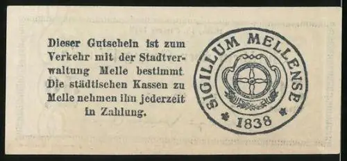 Notgeld Melle 1918, 50 Pfennig, Rathaus und Stadtsiegel