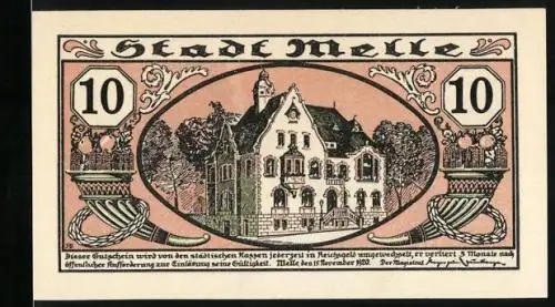 Notgeld Melle 1920, 10 Pfennig, Rathaus und Bauer mit Kartoffeln