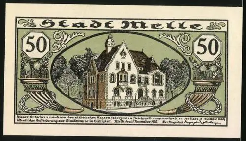 Notgeld Melle 1920, 50 Pfennig, Rathaus und Bürgerliche bei der Ernte