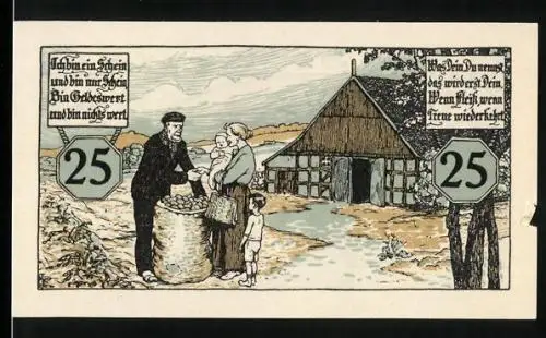 Notgeld Melle 1920, 25 Pfennig, Rathaus und Bauer mit Kartoffeln