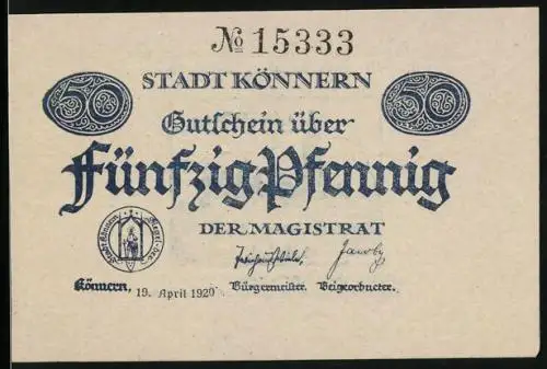 Notgeld Könnern 1920, 50 Pfennig, Blick auf das Rathaus