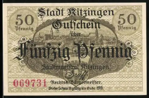 Notgeld Kitzingen 1918, 50 Pfennig, Blick auf einen Turm