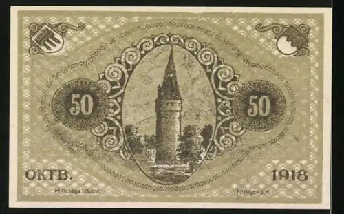 Notgeld Kitzingen 1918, 50 Pfennig, Blick auf einen Turm