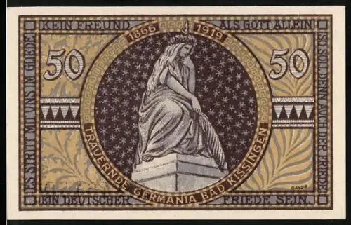 Notgeld Bad Kissingen 1919, 50 Pfennig, Das Rathaus und die trauernde Germania