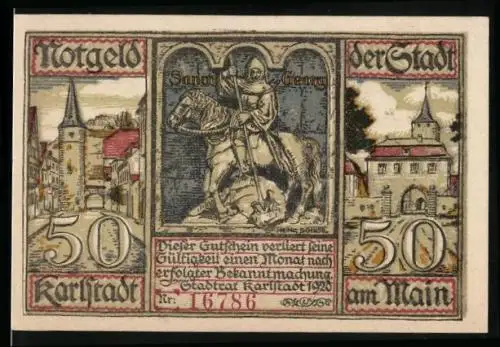 Notgeld Karlstadt am Main 1920, 50 Pfennig, Sakt Georg, Rathaus