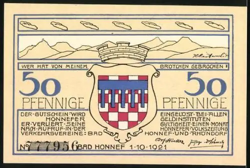 Notgeld Bad Honnef 1921, 50 Pfennig, Ortsansicht mit Kirche