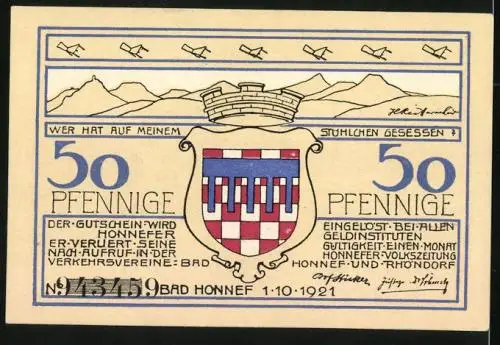 Notgeld Bad Honnef 1921, 50 Pfennig, Wegpartie mit Blick auf die Kirche