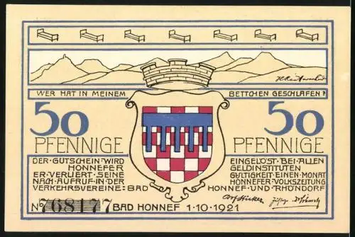 Notgeld Bad Honnef 1921, 50 Pfennig, Rhöndorf am Rhein, Strandbad Drachenfels