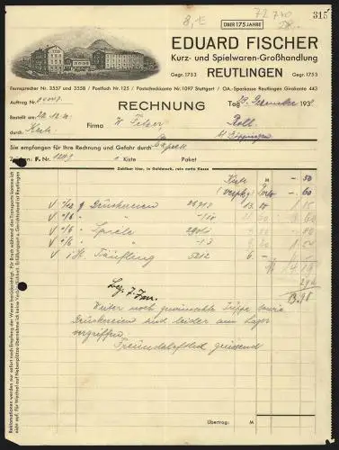 Rechnung Reutlingen 1930, Eduard Fischer, Kurz- und Spielwaren-Grosshandlung, Das Betriebsgelände gegen Hügellandschaft