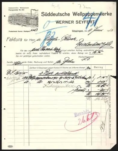 Rechnung Göppingen 1913, Werner Seyfert, Süddeutsche Wellpappenwerke, Transportkutschen vor dem Betriebsgelände