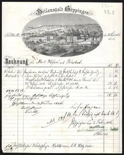 Rechnung Göppingen 1876, Heilanstalt Göppingen, Das Gelände der Anstalt hinter einem Fluss mit Brücke