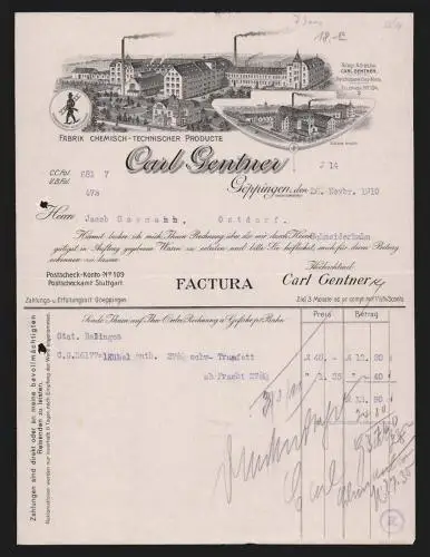 Rechnung Göppingen 1910, Carl Gentner, Fabrik chemisch-technischer Producte, Frontal- & Südansicht der Fabrik