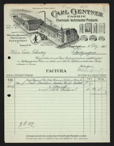 Rechnung Göppingen 1902, Carl Gentner, Fabrik Chemisch-technischer Producte, Fabrik- und Produktansicht, Schutzmarke