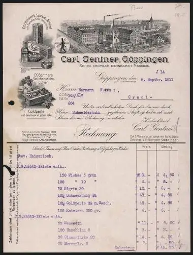 Rechnung Göppingen 1911, Carl Gentner, Fabrik Chemisch-technischer Producte, Fabrik- und Produktansicht, Schutzmarke
