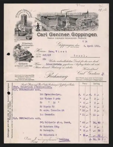 Rechnung Göppingen 1911, Carl Gentner, Fabrik Chemisch-technischer Producte, Werks- und Produktansicht, Schutzmarke