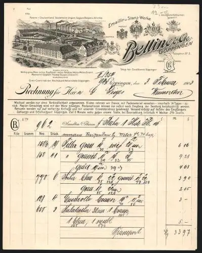 Rechnung Göppingen 1903, Bellino & Cie., Emaillir- & Stanz-Werk, Fabrikgelände gegen die Berge, Fabrikmarke und Wappen