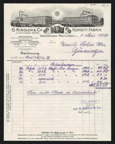 Rechnung Gomaringen-Reutlingen 1919, G. Kindler & Cie., Korsett-Fabrik, Werksansichten, Schutzmarke Electra, Medaillen