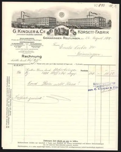 Rechnung Gomaringen-Reutlingen 1919, G. Kindler & Cie., Korsett-Fabrik, Fabrikansichten, Schutzmarke Electra, Medaillen