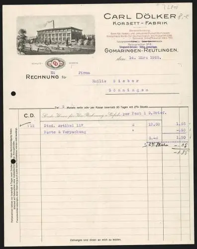 Rechnung Gomaringen-Reutlingen 1925, Carl Dölker, Korsett-Fabrik, Transportfahrzeuge vorm Betriebsgebäude, Schutzmarke