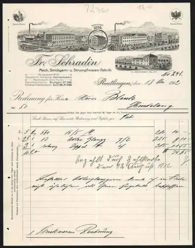 Rechnung Reutlingen 1912, Fr. Schradin, Mech. Strickgarn- & Strumpfwaren-Fabrik, Werksansichten und Filiale Genkingen