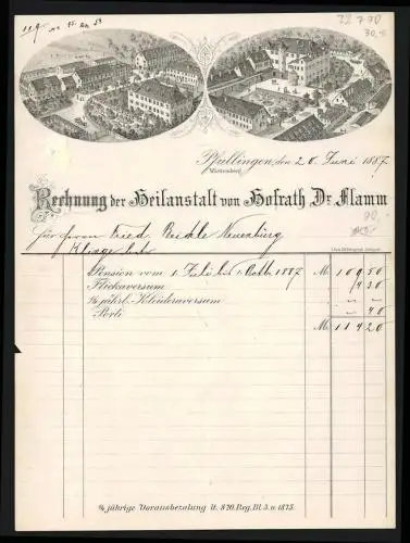 Rechnung Pfullingen 1887, Heilanstalt von Hofrath Dr. Flamm, Zwei Ansichten des Geländes der Heilanstalt