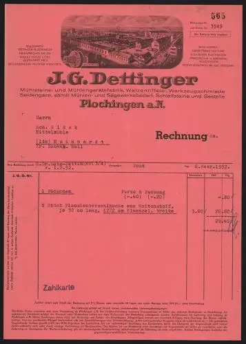 Rechnung Plochingen a. N. 1952, J. G. Dettinger, Mühlsteine- & Mühlengerätefabrik, Die Fabrikanlage und eine Schutzmarke