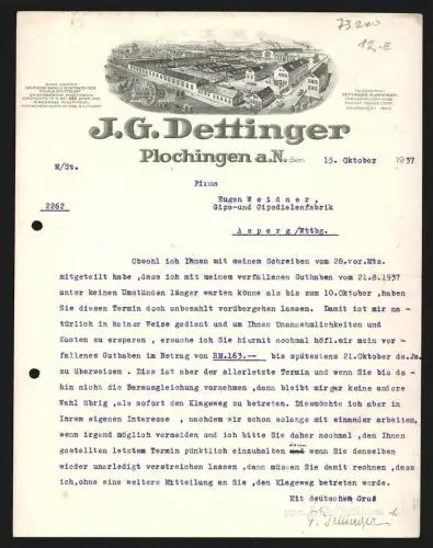 Rechnung Plochingen a. N. 1937, J. G. Dettinger, Mühlsteine- & Mühlengerätefabrik, Die Fabrikanlage und eine Schutzmarke