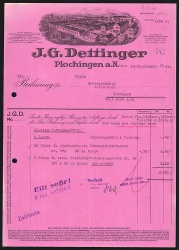 Rechnung Plochingen a. N. 1941, J. G. Dettinger, Mühlsteine- & Mühlengerätefabrik, Die Fabrikanlage und eine Schutzmarke