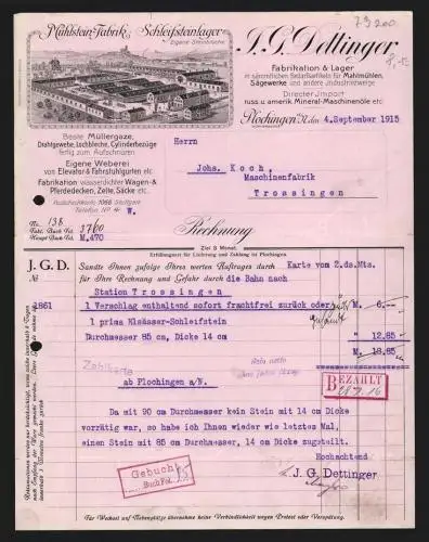 Rechnung Plochingen a. N. 1915, J. G. Dettinger, Mühlstein-Fabrik & Schleifsteinlager, Gesamtansicht der Fabrikanlage
