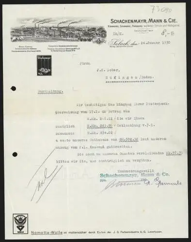 Rechnung Salach 1930, Schachenmayr, Mann & Cie., Strick- und Webgarn-Fabrikation, Fabrikanlage und weidende Schafe