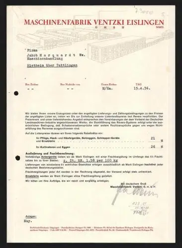 Rechnung Eislingen 1936, Maschinenfabrik Ventzki GmbH, Modell der Fabrikanlage mit Lagerhallen und Geschäftsgebäude