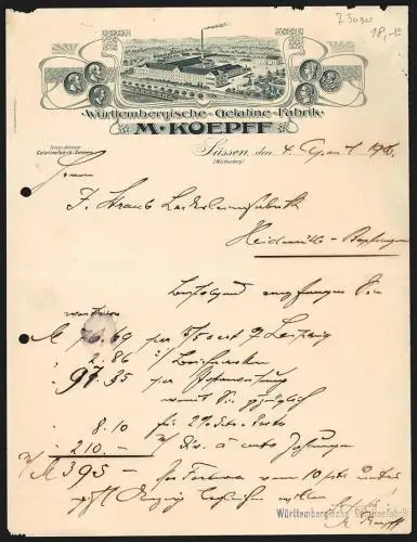 Rechnung Süssen 1906, M. Koepff, Württembergische Gelatine-Fabrik, Blick aufs Betriebsgelände, Auszeichnungen