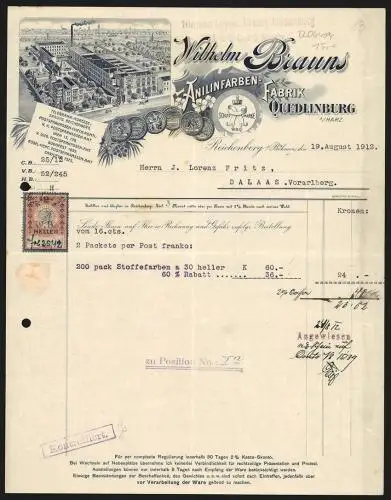 Rechnung Reichenberg 1912, Wilhelm Brauns Anilinfarben-Fabrik, Das Betriebsgelände aus der Vogelschau, Auszeichnungen