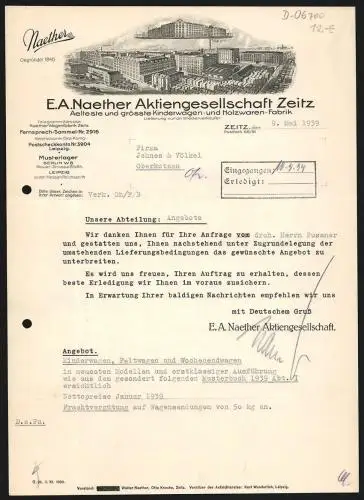 Rechnung Zeitz 1939, A. Naether AG, Kinderwagen- & Holzwaren-Fabrik, Grosses Betriebsgelände mit gelagerter Ware