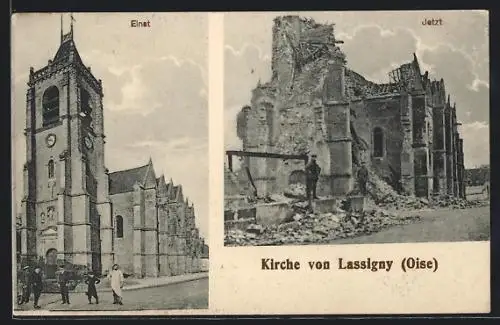 AK Lassigny, Die örtliche Kirche vor und nach der Zerstörung