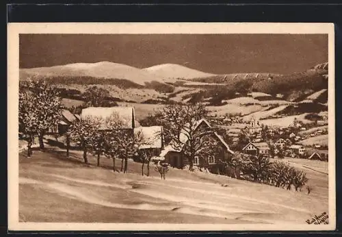 AK Rochlitz im Riesengebirge, Teilansicht der Ortschaft im Winter
