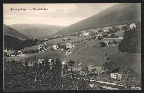 AK Spindelmühle im Riesengebirge, Ortsansicht aus der Vogelschau