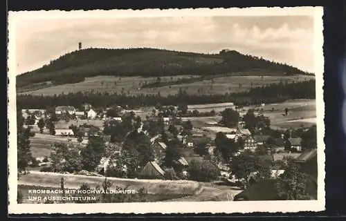 AK Krombach, Ortsansicht mit Hochwaldbaude und Aussichtsturm