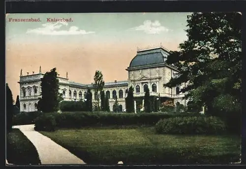 AK Franzensbad, Gartenpartie am Kaiserbad