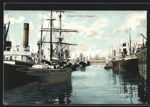 AK Glasgow, Princes` Dock, Segelschiff, Dampfer